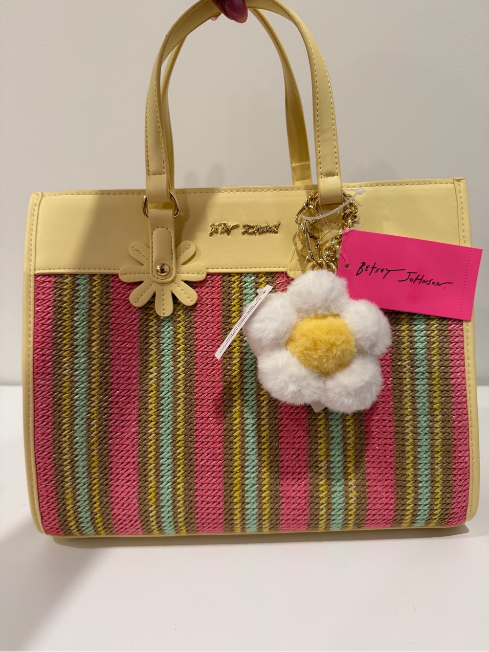 Betsey Johnson Yellow and Pink Striped Floral Charm Satchel